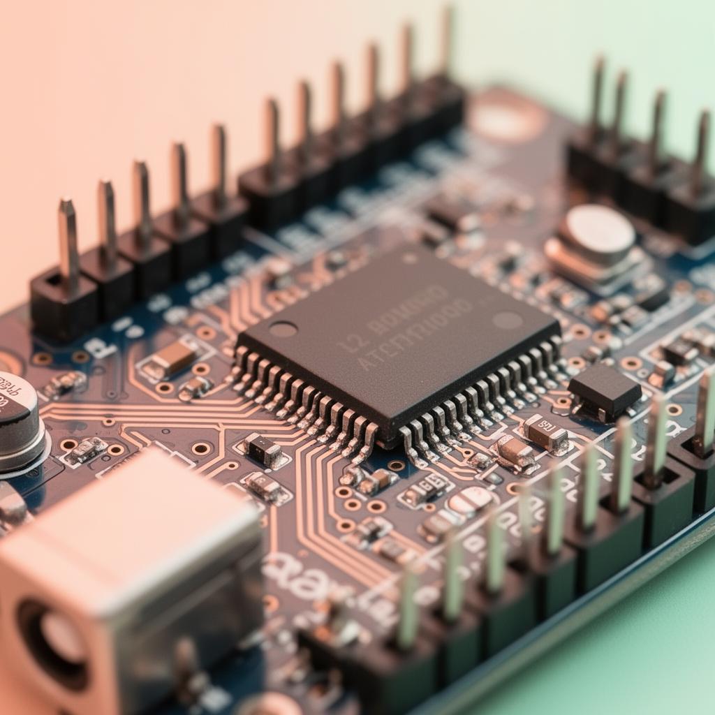 Macro close-up of an Arduino microcontroller board