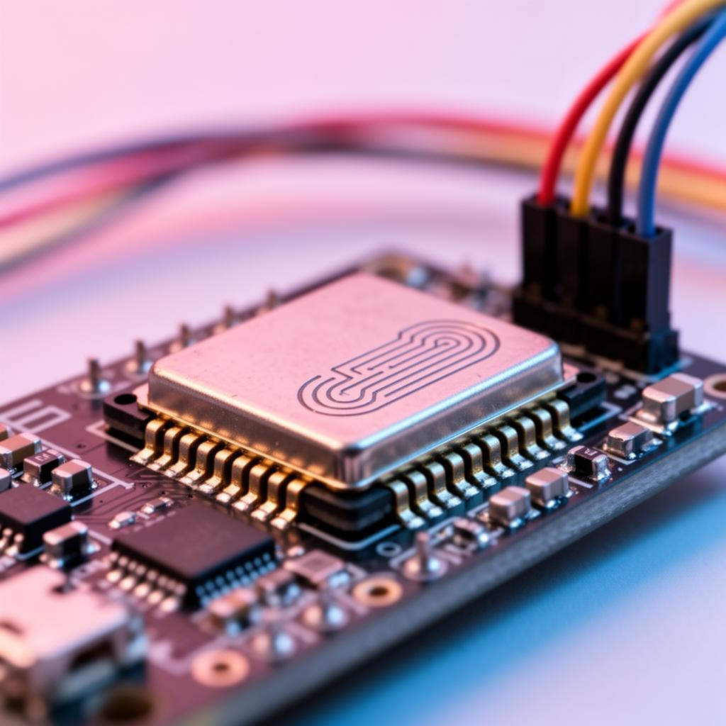 Macro close-up of an ESP32 module with jumper wires