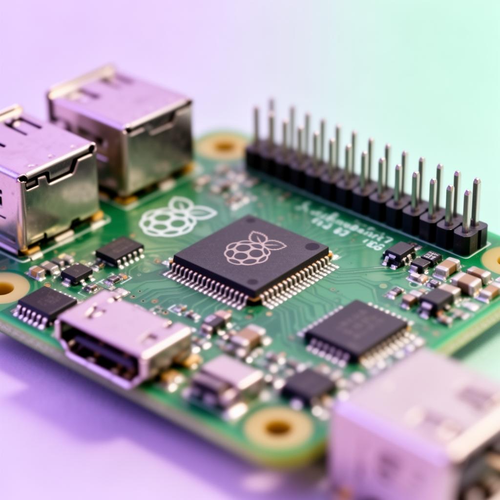Macro close-up of a Raspberry Pi single-board computer