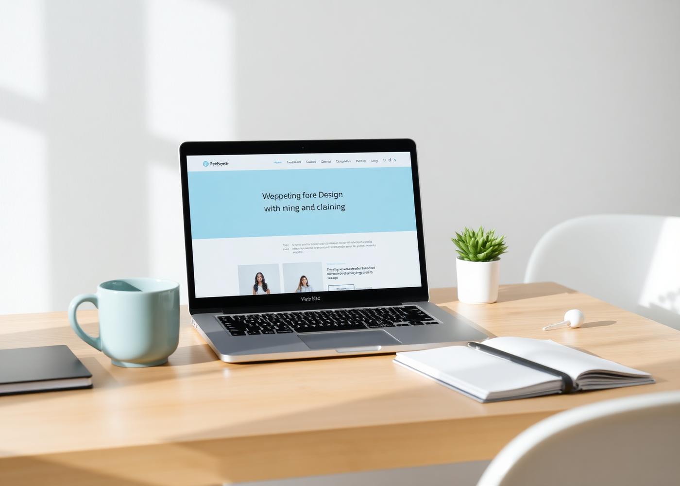 A bright pastel workspace with a laptop showing a colorful website design